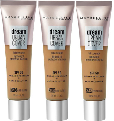 Maybelline Ladies Womens Dream Urban Cover All-In-One SPF 50 Foundation 348 Café au Lait 3 Pack