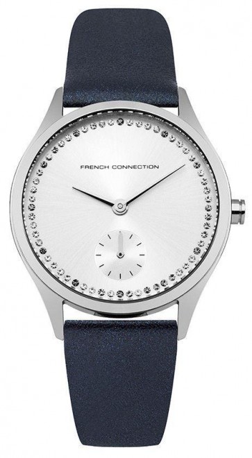 French Connection Womens Ladies Blue Leather Strap Silver Face Watch FC1272U
