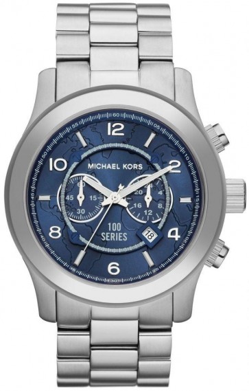 Michael Kors Mens Hunger Stop Chronograph Watch Silver Bracelet Blue Dial MK8314