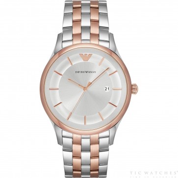 Emporio Armani Mens Gents Watch Rose Gold And Silver Stainless Steel Strap Silver Dial AR11044