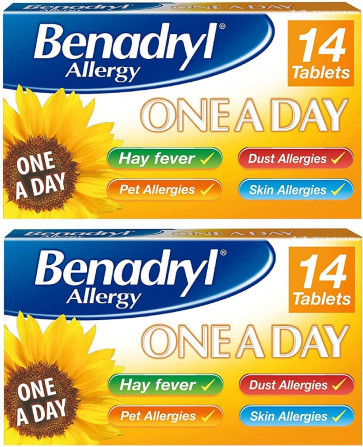 Benadryl Allergy One a Day 10 mg Hay Fever Pet Skin Allergies 28 Tablets 2 Pack