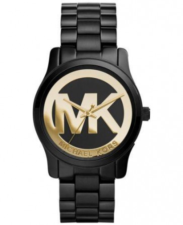 Michael Kors Runway Ladies Watch Black Ion Bracelet Black MK Logo Dial MK6057