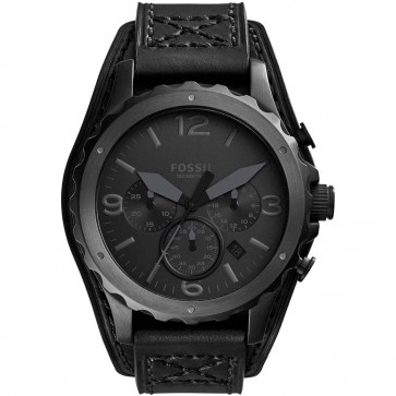 Fossil Mens Nate Chronograph Watch Black Leather Strap Black Dial JR1510