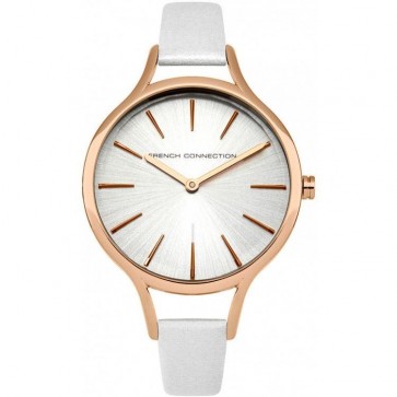 French Connection Womens Wrist Watch Gold Dial White Leather Strap FC1253WRG