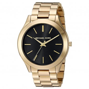 Michael Kors Ladies Slim Runway Watch Gold Bracelet Black Dial MK3478