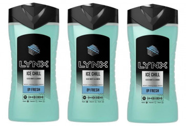 Lynx Mens Gents Ice Chill Body Face Shower Gel 250 ml 3 Pack