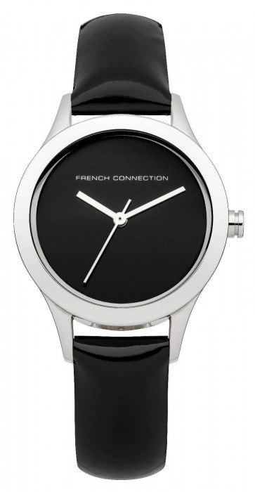 French Connection Womens Wrist Watch Silver Dial Black Leather Strap FC1206BA
