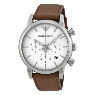 Emporio Armani Mens Chronograph Watch Brown Leather Strap White Dial AR1846