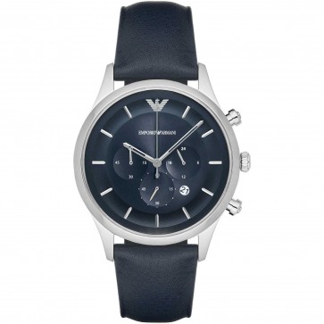 Emporio Armani Mens Gents Chronograph Watch Blue Leather Strap Blue Dial AR11018