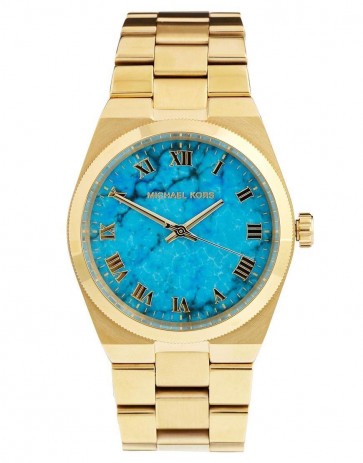 Michael Kors Ladies Channing Wrist Watch Gold PVD Strap Turquoise Dial MK5894