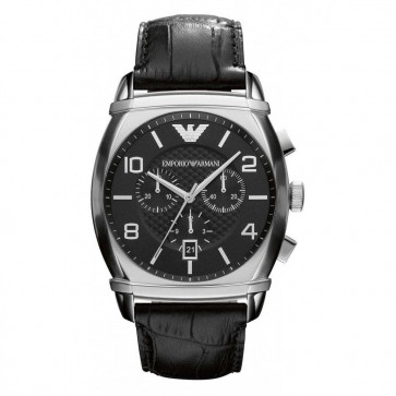 Emporio Armani Mens Chronograph Watch Black Leather Strap Silver Dial AR2436