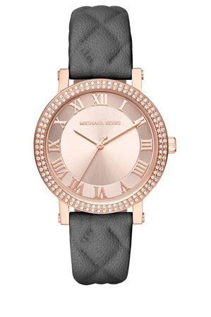 Michael Kors Ladies Norie Rose Gold Watch Black Quilted Leather Rose Gold Dial MK2619