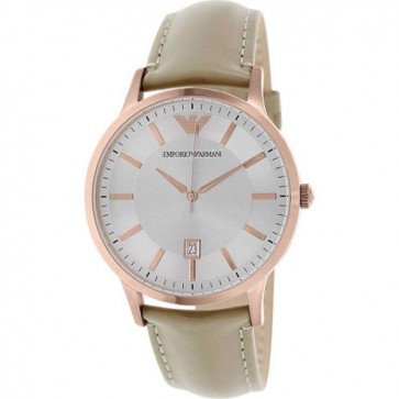 Emporio Armani Mens Rose Gold PVD Stainless Steel Beige Leather Strap Silver Dial AR2464