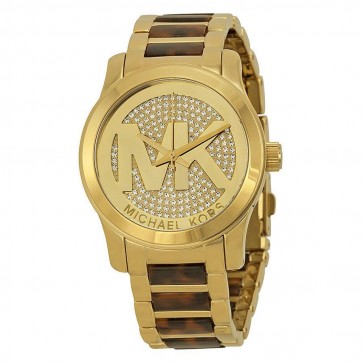 Michael Kors Ladies Runway Watch Gold Tortoise-Shell Bracelet Gold Crystal Paved Dial MK5864