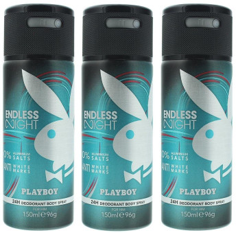 Playboy Mens Gents Endless Night Deodorant Spray 150ml 3 Pack
