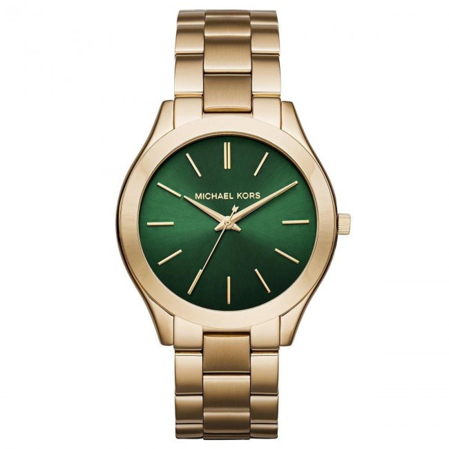 Michael Kors Ladies Slim Runway Wrist Watch Green Face Gold Strap MK3435