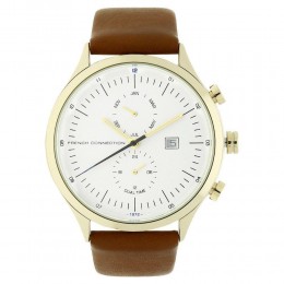 French Connection Mens Gents Wrist Watch White Face Brown Leather Strap FC1266TGU