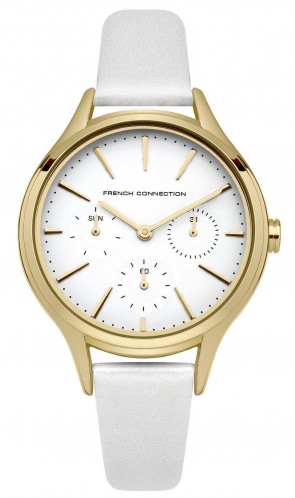 French Connection Womens Watch  Gold Dial White Face Leather Strap FC1273WG