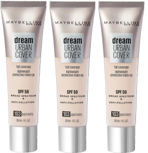 Maybelline Ladies Womens Dream Urban Cover All-In-One SPF 50 Foundation 103 Pure Ivory 3 Pack