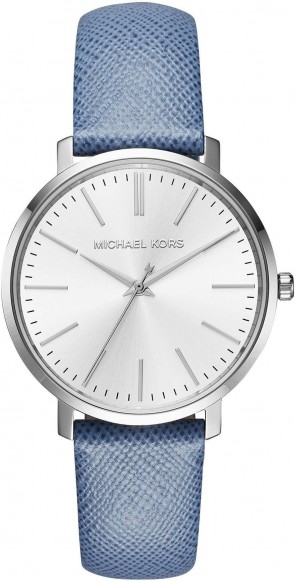 Michael Kors Womens Jaryn Silver Face Blue Leather Strap Wrist Watch MK2495