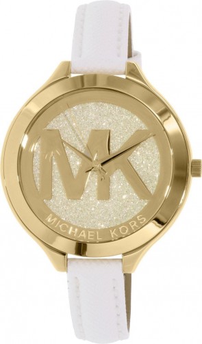 Michael Kors Thin Runway Ladies Watch Gold Dial MK Logo White Strap MK2389
