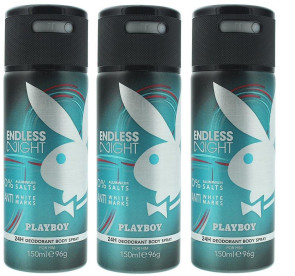 Playboy Mens Gents Endless Night Deodorant Spray 150ml 3 Pack