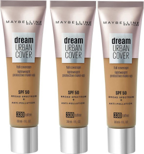 Maybelline Ladies Womens Dream Urban Cover All-In-One SPF 50 Foundation 330 Toffee 3 Pack
